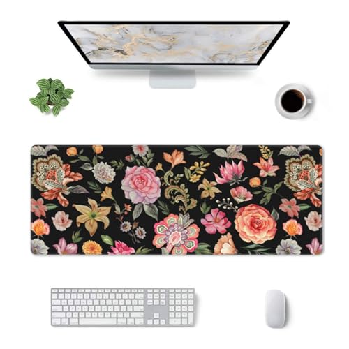 Image of Vintage Flower Large Gaming Mouse Pad, Extended Floral Mousepad, Big Long Non-Slip Mouse Mat for Keyboard, Computer for Office, 31.5 * 11.8 in