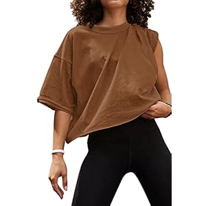 Women’s Oversize Workout Crop Tops Casual Short Sleeve Drop Shoulder Boxy T-Shirts Roll Hem Basic Loose Yoga Running Tees