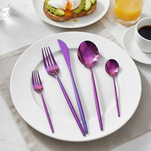 Image of 5 Pcs Pink Cutlery Set for Dining Table the Perfect Lightweight Silim Handle Tableware Including Dinner Spoon, Dinner Fork, Dinner Knife, Dessert Spoon & Dessert Fork