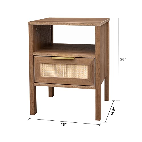 Decor Therapy Piper 20" Side Rattan Storage Drawer Accent Table, Light Walnut #TOP2