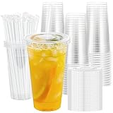 Lamosi 100 Pack 24 oz Clear Plastic Cups with Lids and Straws, Disposable Plastic Coffee Cups with Lids for Iced Coffee, Cold Beverages, Smoothies and To-Go Drinks