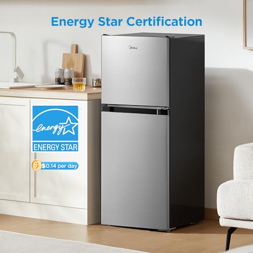Image of Midea MERM45S3AST 4.5 Cu.ft Mini Fridge with Freezer, with Internal Light, Adjustable Thermostat, Reversible Door, for Dorm, Office, Bedroom, Stainless Steel