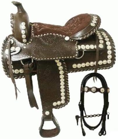 Deen Enterprises, Silver Genuine Cowhide Leather Western Pleasure Show Horse Saddles Tack, Free Matching Headstall, Breast Collar, Reins Size 14" to 18" Inches Seat Available