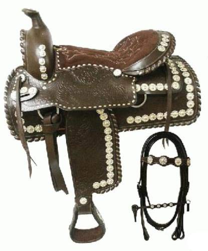 Deen Enterprises, Silver Genuine Cowhide Leather Western Pleasure Show Horse Saddles Tack, Free Matching Headstall, Breast Collar, Reins Size 14" to 18" Inches Seat Available