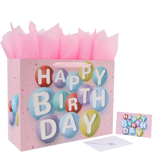wishinside 16.5” Extra Large Happy Birthday Gift Bag Set with Handles, Greeting Card, Tissue Papers and Stickers for Girls Kids Women, Colorful Balloon Design, 1 Pcs