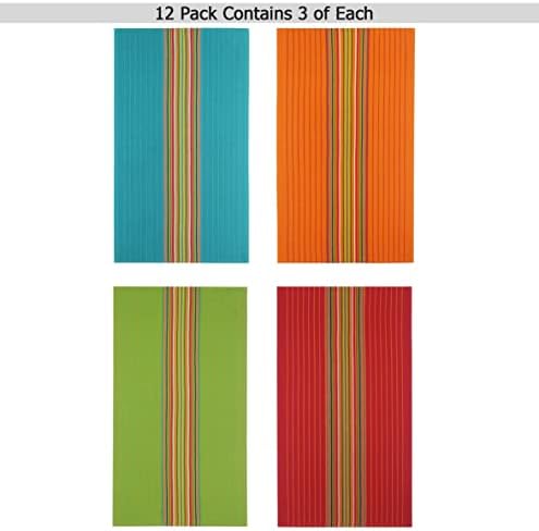 COTTON CRAFT Salsa Stripe Kitchen Towels - 12 Pack 100% Cotton Tea Dish Towels - Absorbent Reusable Low Lint Quick Dry - Multi Purpose Cooking Drying Restaurant Bar Cleaning Cloth Napkin - 16x28 Multi