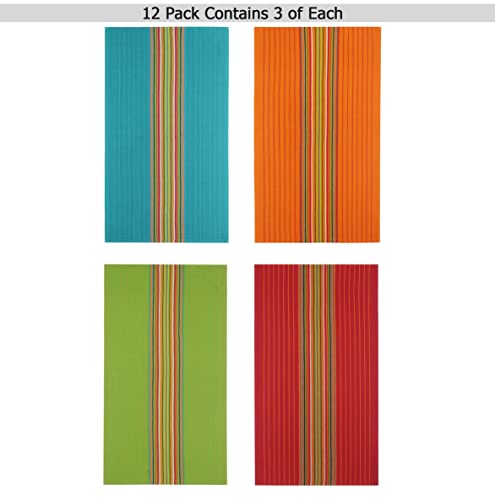 Cotton Craft Salsa Stripe Kitchen Towels - 12 Pack 100% Cotton Tea Dish Towels - Absorbent Reusable Low Lint Quick Dry - Multi Purpose Cooking Drying Restaurant Bar Cleaning Cloth Napkin - 16X28 Multi #TOP1