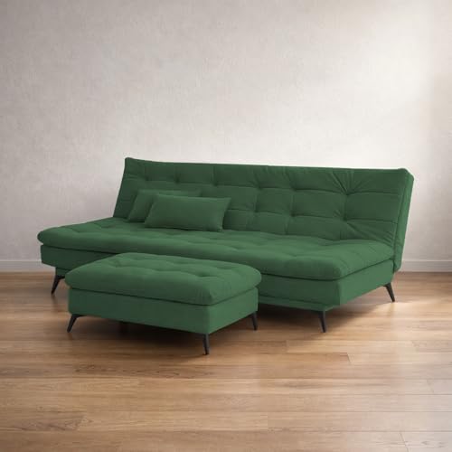 Image of Krancy Solid Wood 3 Seater Sofa Cum Bed with Ottomon | Convertible Wooden Couch for Living Room, Home & Office | Modern Designer Furniture | 1 Year Warranty | Green Color