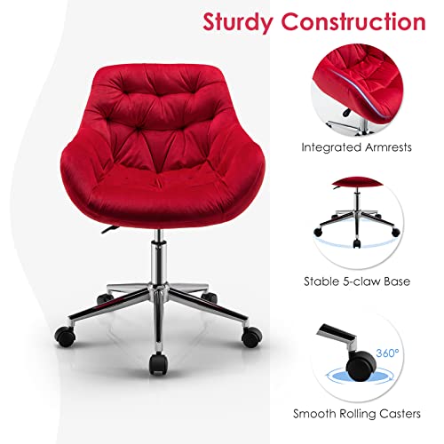Giantex Velvet Leisure Armchair, Height-Adjustable Home Office Swivel Chair W/Rolling Casters, Ergonomic Mid Back Accent Chair W/Upholstered Seat & Tufted Surface For Bedroom, Vanity, Study (Red) #TOP6