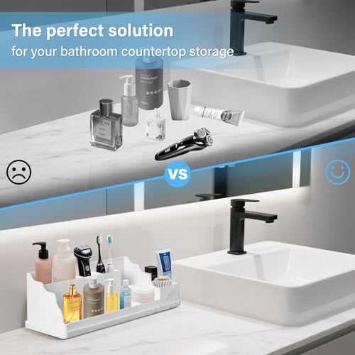Bathroom Countertop Organizer With Tray, Toothbrush Holders and Toothpaste Holder Drainage for Bathroom Accessories,Organization Counter Vanity Storage,White-marble - Image 5