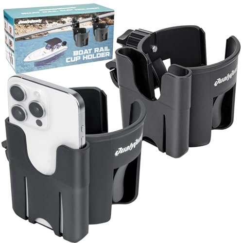 QualyQualy 2-in-1 Boat Rail Cup Holder with Phone Holder 2 Pack No-Drill Clamp-On Marine Cup Holders 360 Adjustable for Pontoon Boat Bimini Top Grab Bar PWC Jet Ski Boat Gifts for Men