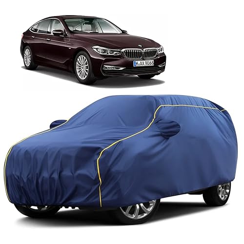 Image of Sulfar 100% Water Resistant Car Body Cover Compatible with Mirror for BMW 6 Series (Triple Stitched, Full Bottom Elastic, Blue Taffeta with Yellow Piping)