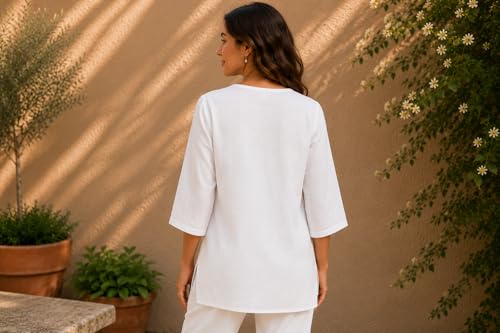 Image of Women's 3 /4 Sleeve White Cotton Embroidered Work Casual Short Kurti