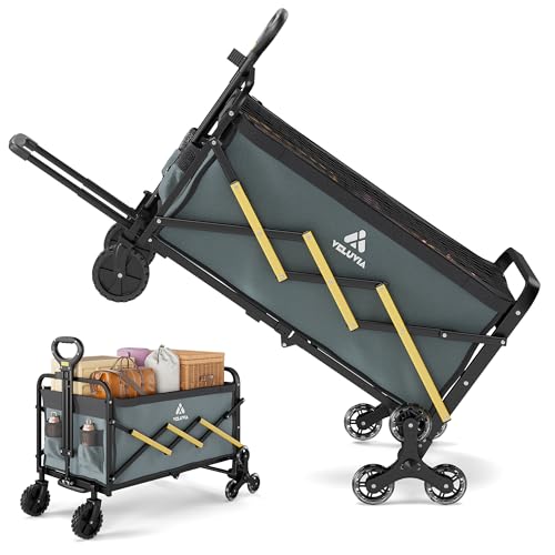 Folding Utility Cart with Triangular Wheels - 2 in 1 Collapsible Stairs Climbing Wagon, Lightweight Shopping Hand Truck with Telescoping Handle for Groceries, Laundry, Travel, Move, Office