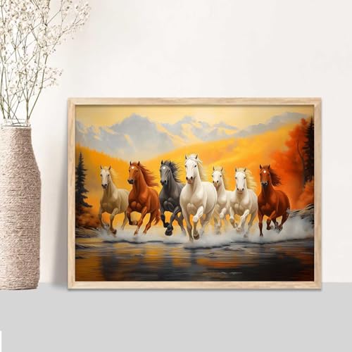 Image of HOTHOUSE Seven Running Vastu Lucky Horse Rising Sun Painting Wall Decor | 7 Horses Vastu Frame Wall Art Painting for Living Room Bedroom Office Home Decor Size (19X25 inch)