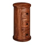 möbelando Design Sideboard Sheesham Massivholz 35x65x35 cm | Schränkchen mit 3 Schubladen | Schmaler Beistellschrank Massiv | Mini Kommode Rund