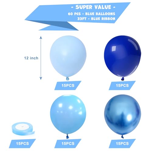 Image of KBZVNAF Blue Latex Balloon Set - 60 Pack 12 Inches Metallic Chrome, Light, Pastel Baby, Royal Blue Balloons for Birthday, Wedding, Baby Shower Party Decoration