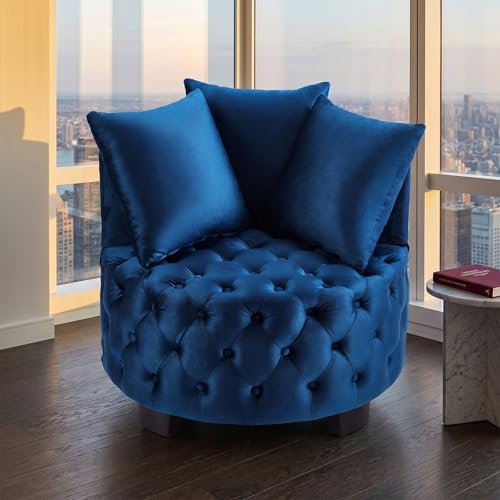 AOPNOMU Upholstered Tufted Accent Barrel Chair with 3 Pillows, Contemporary Round Lounge Club Sofa Chair, Leisure Armchair for Living Room Hotel Bedroom, Navy Velvet