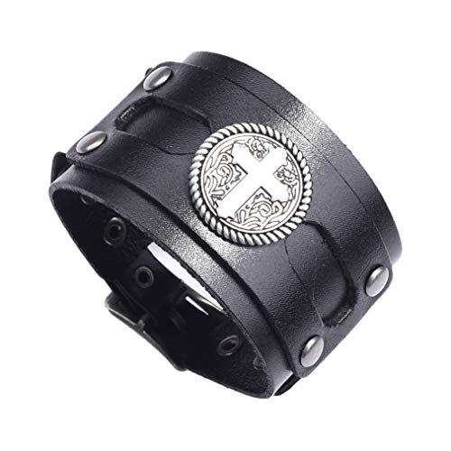 Nsitbbuery Hip Hop Alloy Belt Buckle Bracelet Cross Wide Leather Wristband Bracelet(Black)