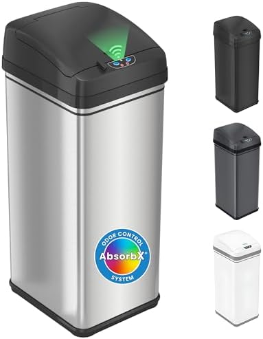iTouchless 13 Gallon Stainless Steel Automatic Trash Can with Odor Control System, Big Lid Opening Sensor Touchless Kitchen Trash Bin (Base Version - No AC Adapter)