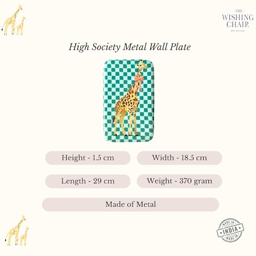 Image of The Wishing Chair High Society Metal Wall Plate | Decorative Iron Wall Art with Giraffe Design & Teal Checkered Pattern | Quirky Animal Wall Hanging Decor for Living Room, Bedroom & Kids Room