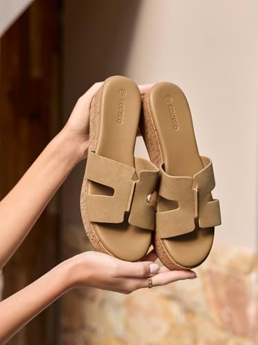 Image of Coutgo Women's Platform Wedge Sandals Open Toe Slip On Slides Cork Heeled Cutout Comfortable Summer Shoes