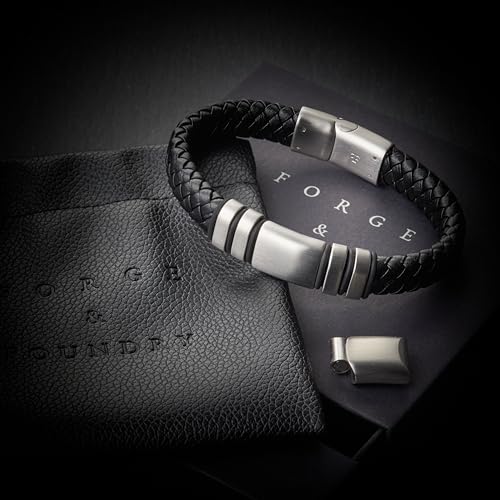 Forge & Foundry Men's Adjustable Black Leather Bracelet | Genuine Woven Leather with Stainless Steel Snap Clasp | Design-Led, Artisan Jewellery from London | Single Strand, Brushed Silver Clasp [Navarro]2