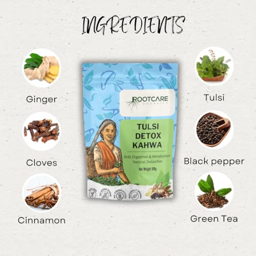 Image of Rootcare Organics green tea for weight loss Tulsi Detox Kahwa 100g Pack Of 1 Month Herbal Tea Loose Leaves Helps Improve Digestion Rich in Antioxidants with Tulsi Ginger Clove Black pepper Cinnamon