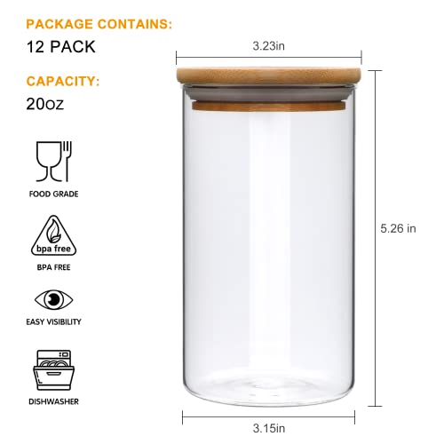 20 Oz/600Ml Glass Airtight Food Storage Containers,Spice Jar With Bamboo Airtight Lids，Pack Of 12 Clear Glass Food Storage Jars Containers For Candy, Cookie,Coffee #TOP1