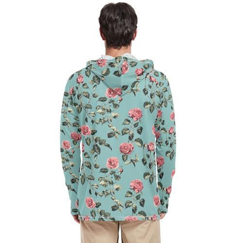 Wudan Retro Rose Turquoise Mens Sun Hoodies Shirts Long Sleeve Cooling Hoodies Fishing Shirt UPF 50+ S3