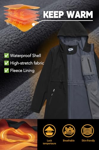 Image of FARVALUE Women's Long Softshell Jacket Waterproof Lightweight Warm Windproof Hooded Fleece Lined Rain Coat for Outdoor
