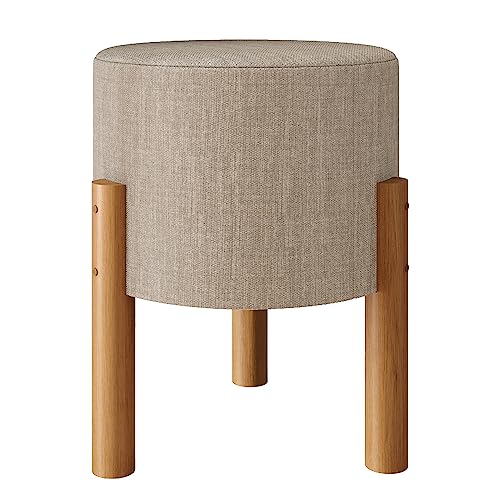 Puff Thor Luxo Redondo Pés Madeira Tecido Linho (Linho Bege)
