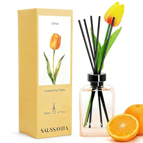 Raumduft Diffuser Set mit Tulpenblüten für Enge Räume & 120 Tage, Aroma Diffuser Zitrus duft mit 10 Duftstäbchen, Blume Lufterfrischer Langanhaltend für Badezimmer Büro Deko
