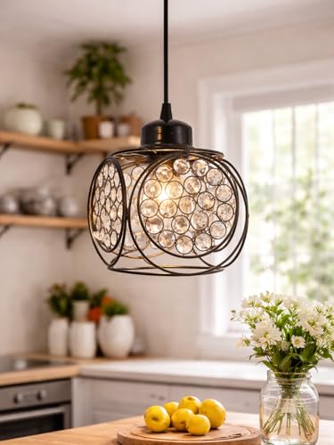 Image of Modern Black Metal Crystal Pendant Light | Round Cage Hanging Ceiling Lamp | Decorative Chandelier Light for Living Room, Bedroom, Dining Area | Warm Ambient Lighting (Ring Cube Black)
