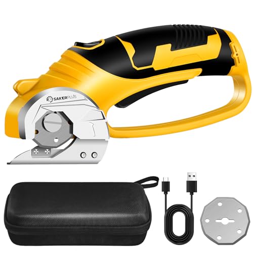 Image of SakerPlus Cordless Electric Scissors, 4V Cardboard Cutter, Box Cutter - 2 Blades, 1 Storage Bag, Safety Lock & LED Light, Rechargeable Power Rotary Cutter for Box Carpet Fabric Plastic Leather