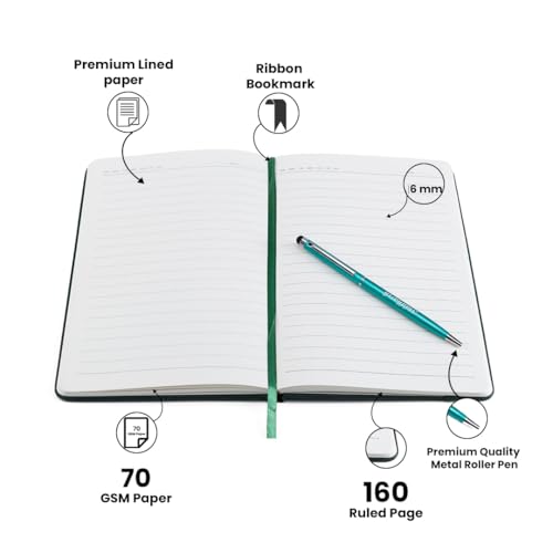 Image of AICA Personalized Name & Charm Magnetic Stick Leather (Dark Green) Diary A5 Size 180 Pages & Roller Pen | Customized Corporate Gift for Men Women | Diwali Gifts for Family and Friends | Diwali Gift