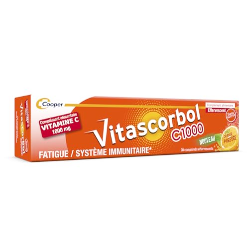 VITASCORBOL - Complément alimentaire à base de vitamine C 1000 mg avec édulcorant - Fatigue et système immunitaire - Goût Orange Pressée - Sans sucres - Programme 20 jours - 20 comprimés effervescents