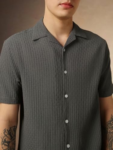 Image of Dennis Lingo Men's Half Sleeve Cuban Collar Solid Textured Relaxed Fit Casual Shirt