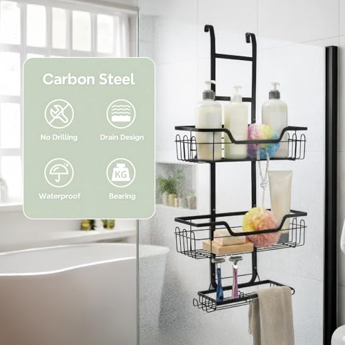 Image of MIORAH Hanging Shower Caddy for Bathroom Aluminium| Bathroom Organiser Without Drill | Bathroom Accessories Storage Organizer Black