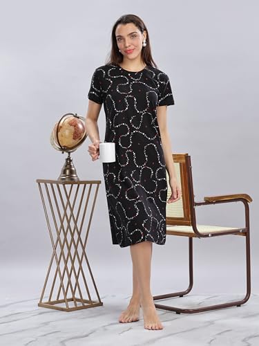 Image of 9shines Label Hosiery Cotton Knee Length Short Night Dress | Short Nighty for Women with Pocket | Graphic Print Nightwear | Night Gown for Women (M-7XL)