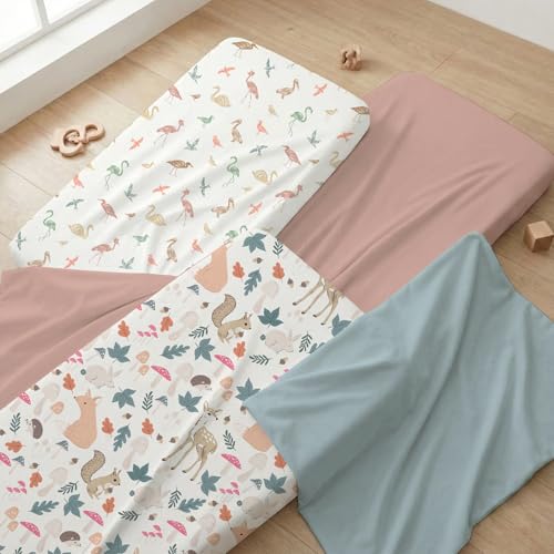Image of Bimocosy Crib Sheets 4 Pack, Baby Crib Sheets Fitted for Boys and Girls Breathable & Snug Fit, Soft Toddler Bed Sheets for Standard Crib Mattress Nursery Daycare Essentials, Forest Friends
