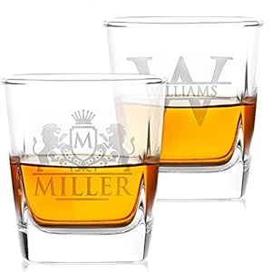 Amazing Items Set of 2 – Personalized Whiskey Glasses w/Name & Initial – 9 Designs – 9 oz, Limited Edition Monogrammed Rocks Glasses for Dad Gifts