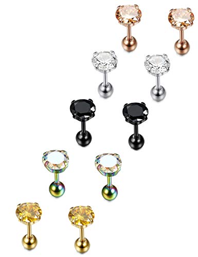 Loyallook 5 Pairs Stainless Steel Cubic Zirconia Stud Earring Ear Piercings For Women Girls 5 Colors 4-8Mm (F：multi 3Mm) #TOP1