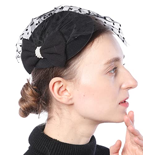 Coolwife Fascinator Hats Pillbox Hat British Bowler Hat Flower Veil Wedding Hat Tea Party Hat (E Black) #TOP1