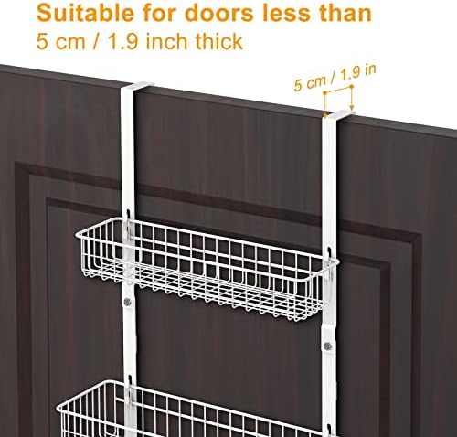 UOMIO Over The Door Hooks Hanger Storage Shelf Heavy Duty Steel Coat Rack Basket Holder White Metal Over Door Racks Towel Hooks with 5 Hooks & 3 Tier Baskets for Bathroom, Bedroom, Office