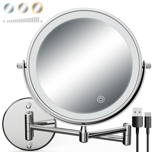 Lighted Makeup Mirror With Magnification, 8" Rechargeable Double-Sided Magnifying Mirror 1x/3x - Chrome, 3 Colors Led Vanity Mirror with Lights, Touch Dimmable 360° Rotation Foldable Light up Mirror