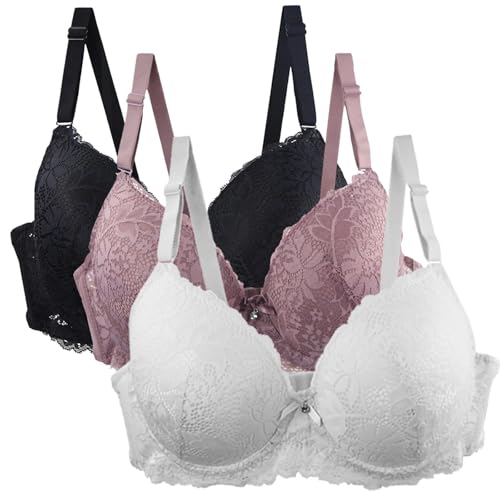 Paquete de 3 brasieres para mujer, de encaje elástico, cómodo, sin costuras, suave, transpirable, con realce, sin varillas, floral, con tirantes ajustables, ropa interior, escote en V, azul celeste