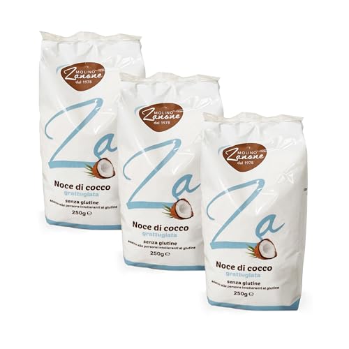 Molino Zanone - Cocco Rapè Senza Glutine 3 Confezioni 250 g - Noce di Cocco Grattugiata Proteica e Ricca di Fibre Granella Farina di Frutta Secca per Ricette Dolci, Topper e Snack