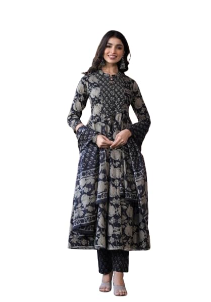 varanga Women Black Mandarin Collar Embellished Yoke Three-Quarter Sleeves Paired With Printed Bottom And Dupatta-picture-12