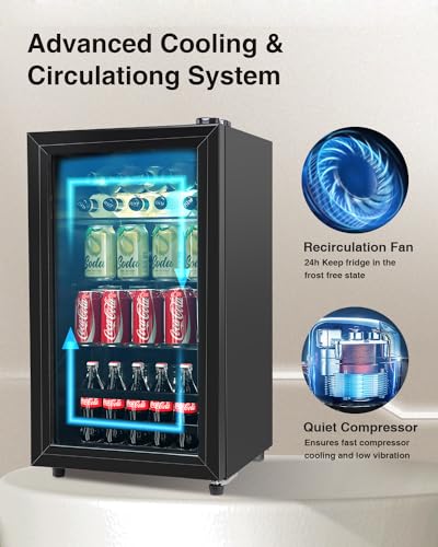 FLB-60 Refrigerator Cooler-120 Can Freestanding Beverage Cooler with Glass Door-Small Drink Dispenser Machine for Office or Bar with Adjustable Removable Shelves, Black